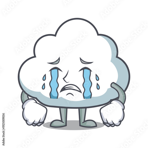 Sad cartoon cloud crying with rain tears on white background