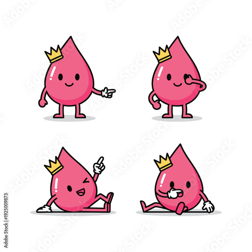 Cartoon blood drop characters with crown expressing different emotions and actions