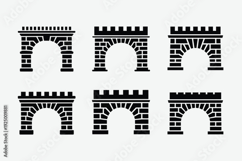 Collection of stylized brick arch designs with varying structural elements isolated on white background, Vector, illustration