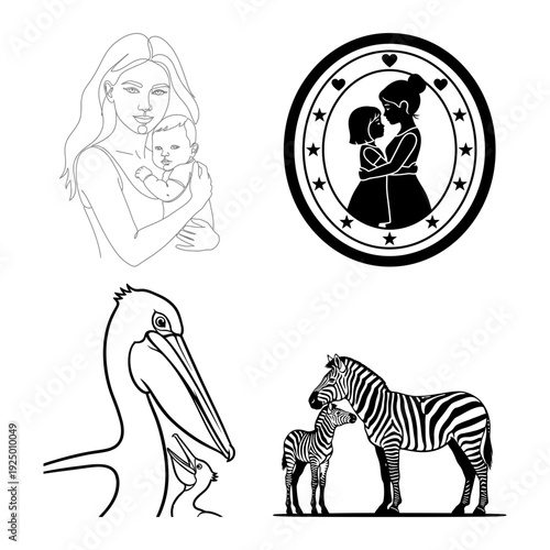 Mothers Day line art and wildlife family bundle with mother holding baby hug badge pelican chick and zebra foal