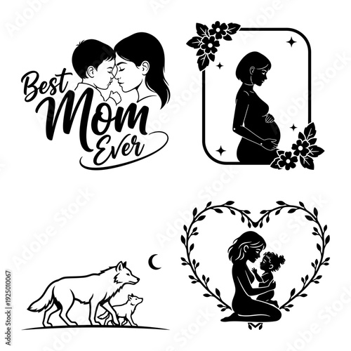 Mothers Day best mom ever quote bundle with floral maternity frame wolf and pup and leaf heart mother baby