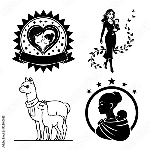 Mothers Day ribbon badge and family silhouette bundle with heart portrait stylish mom baby sling butterflies and llama pair