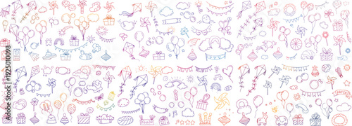 Colorful hand-drawn doodles of festive elements including balloons, kites, and gifts.