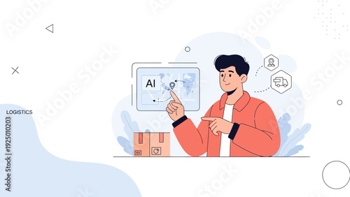 Man Interacting with AI Logistics Interface on Screen, Global Delivery Concept