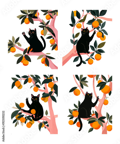 Black cat sitting tree cartoon vector set. Kitten orange citrus branches, pet animal grapefruit garden fruit leaves plant trunks small qute feline illustration isolated on white background