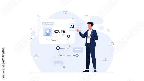 Man interacting with AI route planning interface, digital navigation system