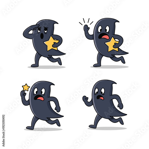 Cartoon character dancing with star in various poses on white background