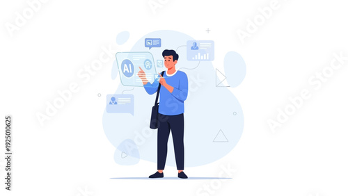 Man interacting with futuristic AI interface, digital transformation concept