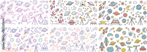 Colorful hand-drawn space illustrations featuring rockets, planets, and telescopes in a whimsical design.