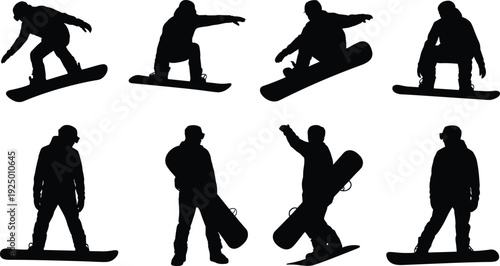 Collection of snowboarder silhouettes performing jumps, tricks and standing poses, isolated on white background, winter sports action icons set