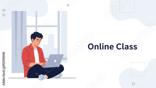 Man learning online class on laptop sitting on floor at home, remote education concept