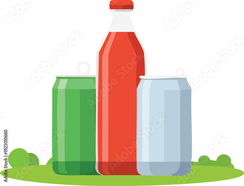 Develop a flat beverage icon series with soda cans and plastic bottles