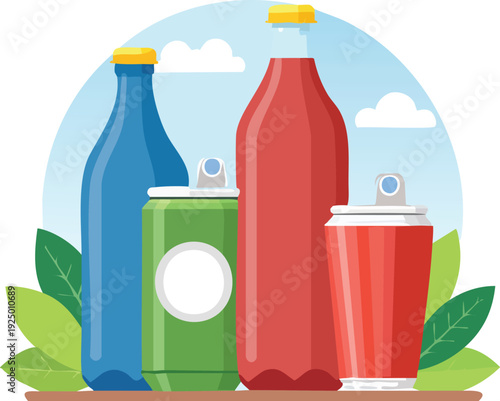 Develop a flat beverage icon series with soda cans and plastic bottles