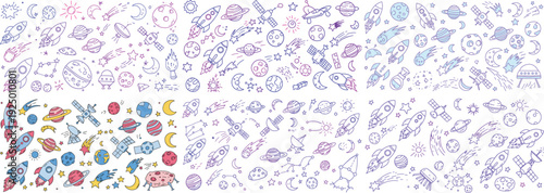 Colorful hand-drawn space-themed illustrations featuring planets, rockets, and stars in vibrant hues.