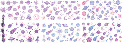 Colorful hand-drawn space-themed illustrations featuring planets, rockets, and celestial bodies in vibrant hues.