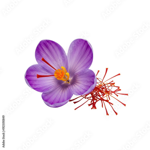 A delicate purple flower with a vibrant red center and intricate details isolated on transparent background