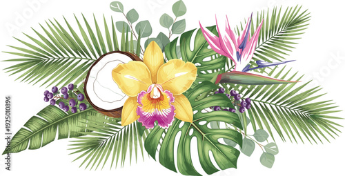 Tropical Floral Arrangement Vector Illustration with Palm Leaves, Orchid, Coconut, and Bird of Paradise