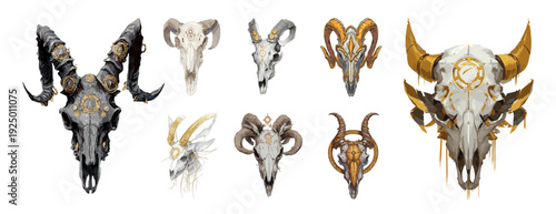 Cow skeleton cartoon vector art. Bull antelope ram head skull horns bone tribal mask mammal remains ancient aztec gold ornament mythological animal creature isolated on illustration white background