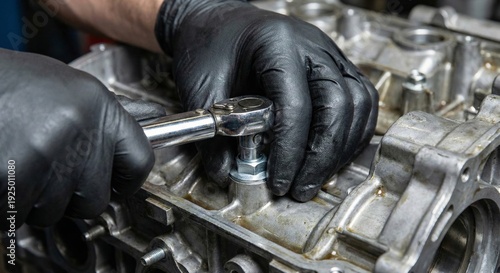 Mechanic tightens bolt on engine block with ratchet wrench, automotive repair in garage, close-up
