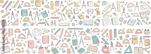 Colorful illustration of school supplies and stationery items in a playful, doodle style.