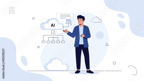 Man presenting AI cloud computing network diagram, technology concept