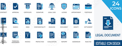 vector icons of legal documents, certificate, legal, law, firm, signature, contracts, justice, symbols, attorney, and corporate compliance ui.