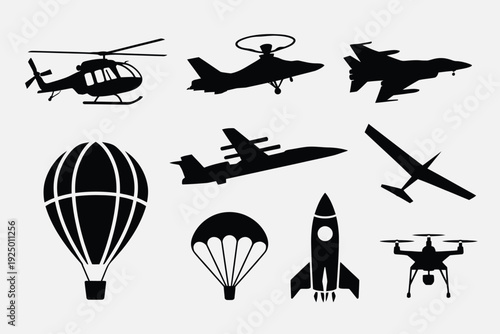 A collection of various iconic and diverse types of aircraft and flight vehicles isolated on white background, Vector, illustration