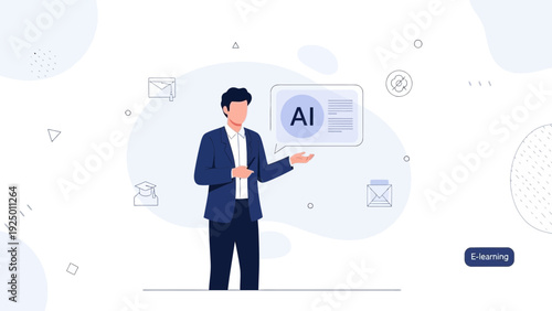 Man presenting AI concept with digital icons and modern background