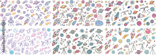 Colorful illustration of space-themed doodles featuring rockets, planets, and telescopes.