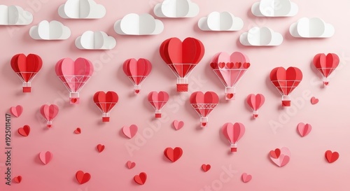 Colorful hot air balloons and hearts create a whimsical sky of love and joy