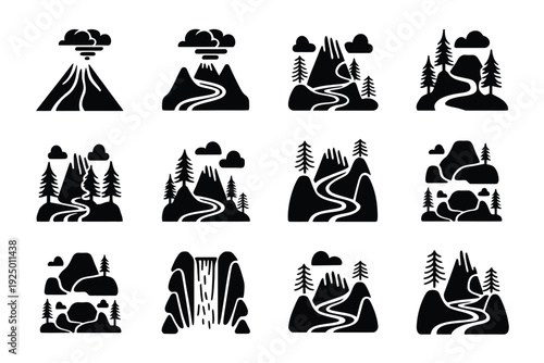Collection of stylized black and white icons depicting various natural landscapes and terrains isolated on white background, Vector, illustration