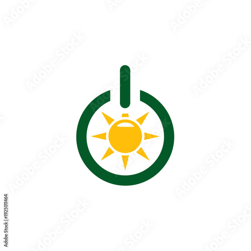 Sun inside a power button symbol representing solar energy activation, on isolated white background.