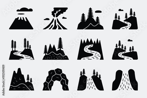 Diverse illustrations of various types of volcanoes and volcanic landscapes in black and white isolated on white background, Vector, illustration