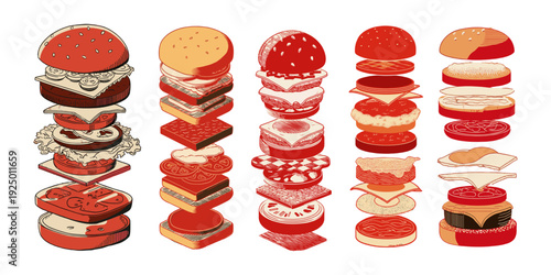 Exploded view hamburger layers color ink sketch vector set. Sesame seed bun beef patty cheddar cheese slice tomato ring lettuce leaf onion pickles ketchup mustard engraving fast food isolated
