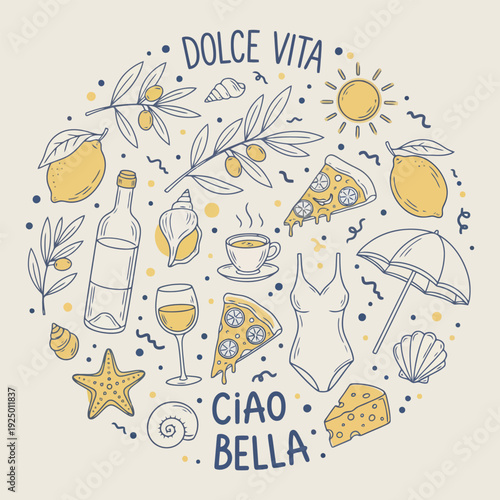 Dolce vita summer illustration with wine food and beach elements on cream background