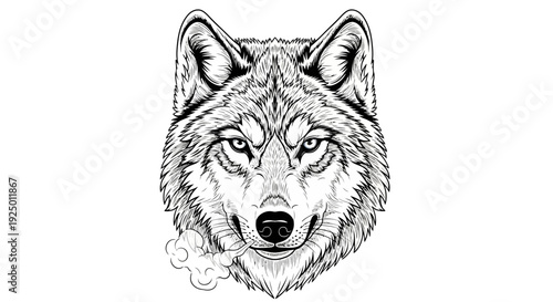 Detailed black and white illustration of a wolf head exhaling smoke.