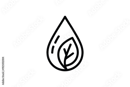 A minimalist icon of a water droplet with a leaf inside it isolated on white background, Vector, illustration
