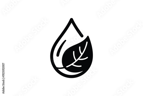 Black and white stylized droplet with leaf symbolizing nature and purity isolated on white background, Vector, illustration