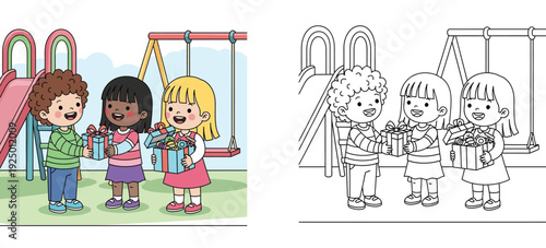 Cute diverse kids exchanging gifts at playground, color illustration and black and white coloring book page vector