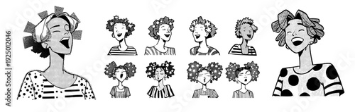 Female avatars black ink sketch vector set. Girls shouting talking smiling bun hairstyles woman halftone monochrome characters, isolated artwork on white backdrop