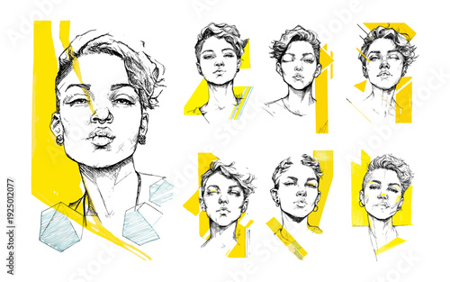 Female face color ink sketch vector set. Woman portrait messy short hair yellow geometric paper fragments charcoal pencil drawing style head urban street character avatars isolated on white backdrop