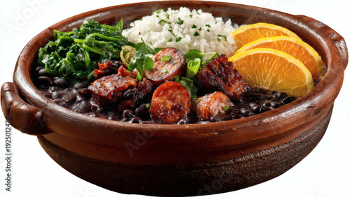 Traditional Brazilian feijoada in a rustic clay pot, black bean stew with pork cuts and sausage, served with white rice, collard greens and farofa