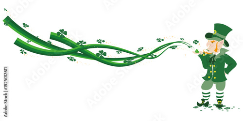 Leprechaun with clovers and magic shine. Vector decoration element for St. Patrick's Day