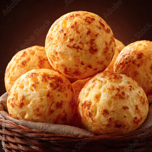 Brazilian pão de queijo, golden cheese bread balls with crispy exterior and soft airy interior, arranged in a basket
