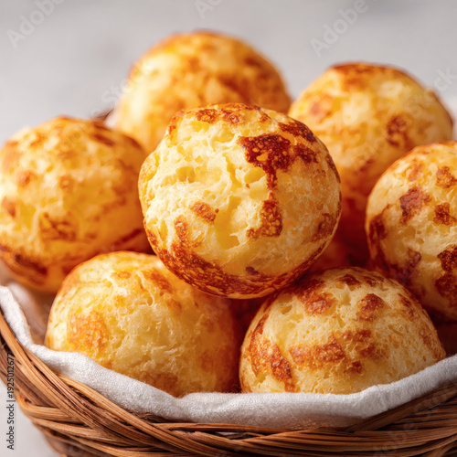 Brazilian pão de queijo, golden cheese bread balls with crispy exterior and soft airy interior, arranged in a basket