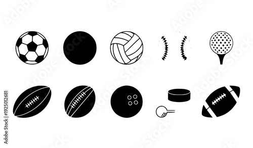 Vector collection of colorful sports ball silhouettes on white background for games and design