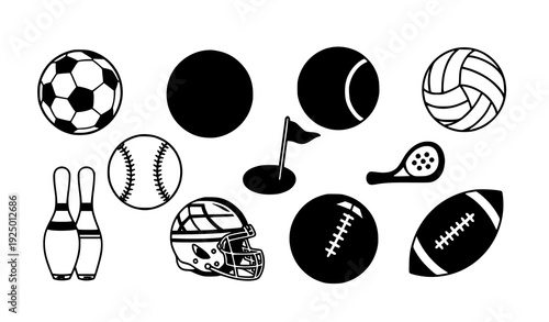 Flat vector sports ball silhouette collection in vibrant colors on white background