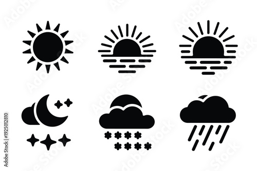 Weather icons displaying different atmospheric conditions and sunlight variations isolated on white background, Vector, illustration