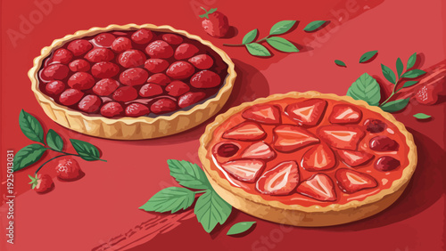 Delicious strawberry and cherry tarts with fresh leaves on red background