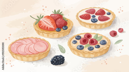 Delicious assorted fruit tarts with fresh berries and cream